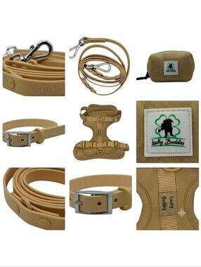 Dog Walking Kit (Harness, Collar, Leash, Poop Bag) - Size Small - Sand